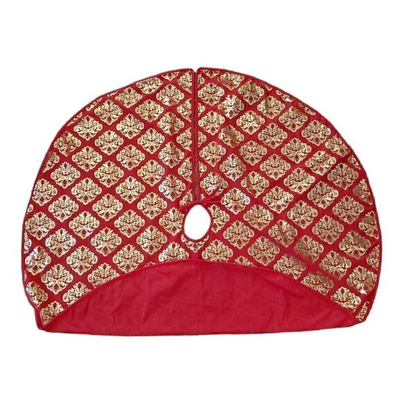 Nwot Large 47 Inch Red/Gold Gilded Christmas Tree Skirt With Tie Closure - Picture 2 of 3